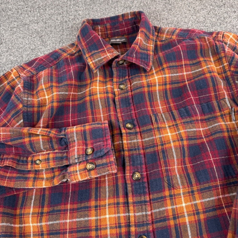 Eddie Bauer Flannel Shirt Mens Medium Red Navy Orange Excellent Plaid Cotton